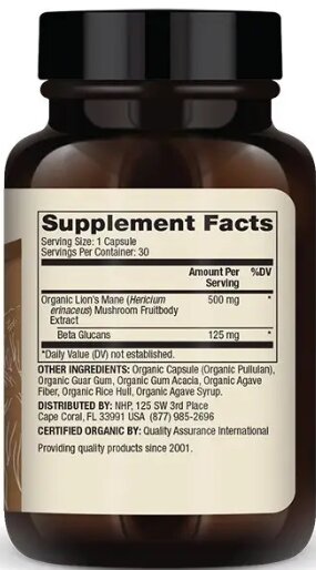 Гриб левова грива Dr. Mercola Organic Lion's Mane Mushroom Extract 500 мг, 30 капсул
