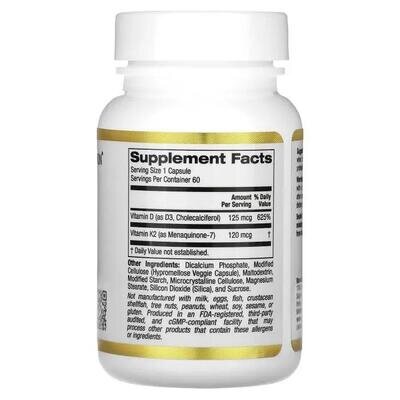 Вітамін D3 + K2 California Gold Nutrition Vitamin D3 + K2 веганські капсули №60
