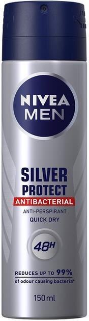 Дезодорант-антиперспірант спрей Nivea Men Silver Protect Antibacterial Срібний захист антибактеріальний 48h (82959), 150 мл