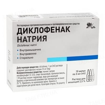 Диклофенак натрію розчин д/ін. 2.5 % по 3 мл №10 (5х2) в амп.