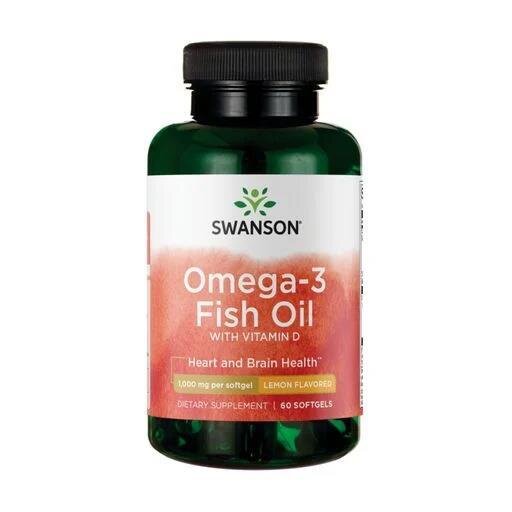 Риб'ячий жир з омега-3 Swanson Omega-3 Fish Oil 1000 мг + D3 25 мкг смак лимона, 60 гелевих капсул