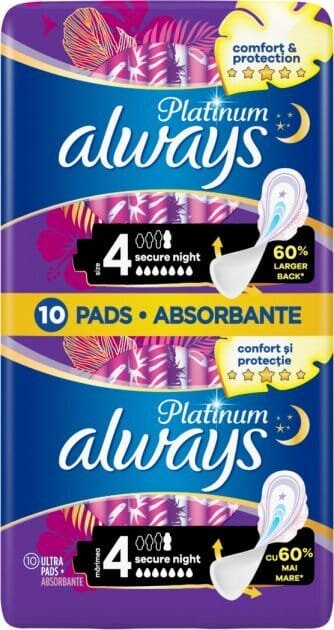Прокладки гігієнічні Always Platinum Secure Night, 6 крапель, 4 розмір, 10 шт