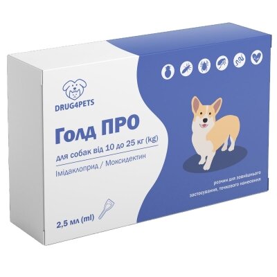 Голд ПРО DRUG4PETS краплі від бліх, кліщів та глистів для собак вагою 10-25 кг, 1 піпетка по 2,5 мл